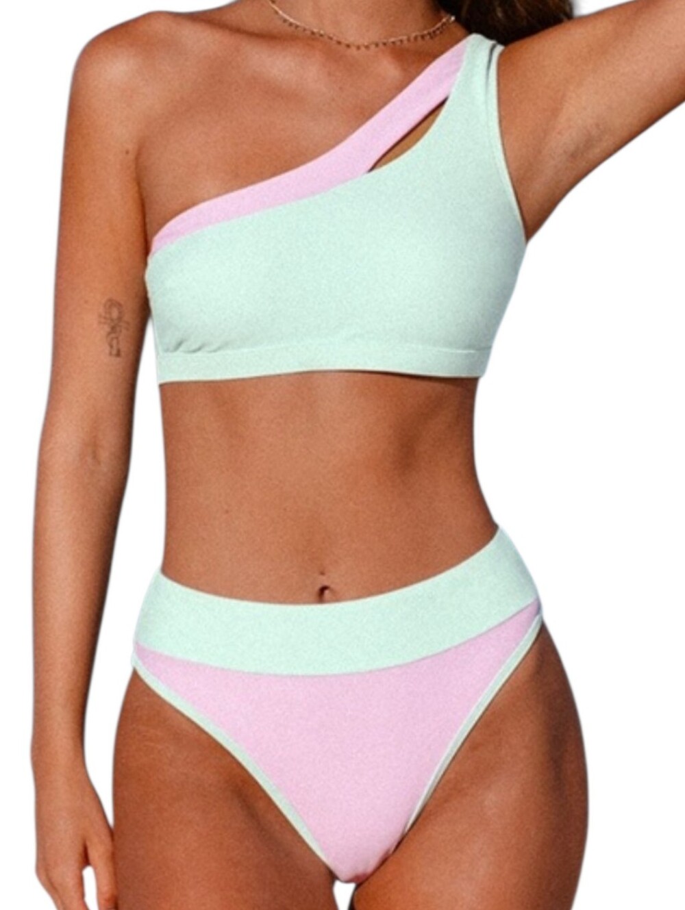 Cupshe Mint & Pastel Pink One-Shoulder Bikini Set - Medium - NWT